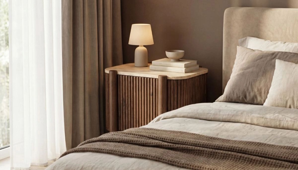 Ein warmes Schlafzimmer mit Holzmöbeln